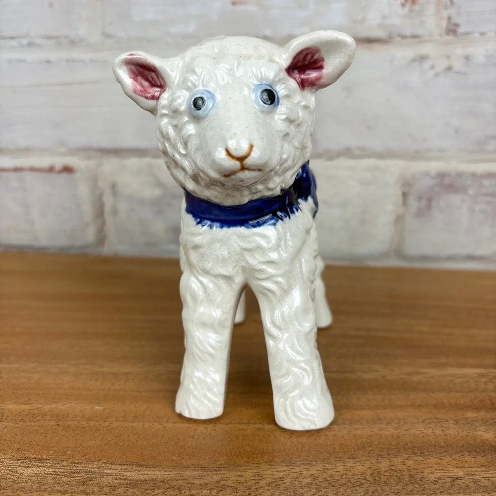 Vintage Occupied Japan Lamb Planter Blue Bow Nursery Figurine Cottagecore Decor